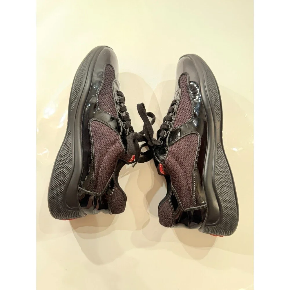 Prada Mens Americas Cup Black Patent Leather Mesh Lace-Up Sneakers US 7